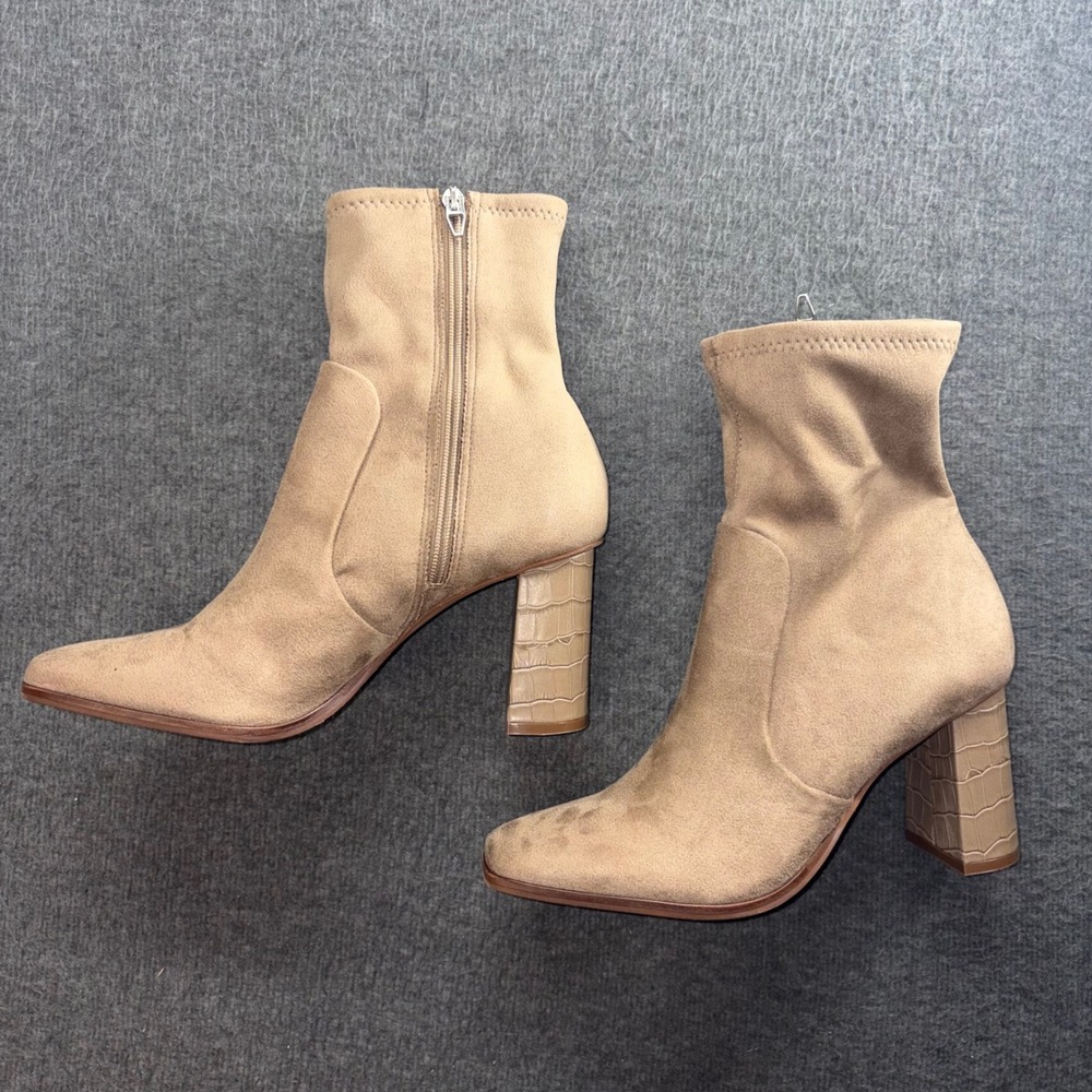 Dolce Vita Tan Suede Sock Boots Square Toe Croc Embossed Block Heel Size 10